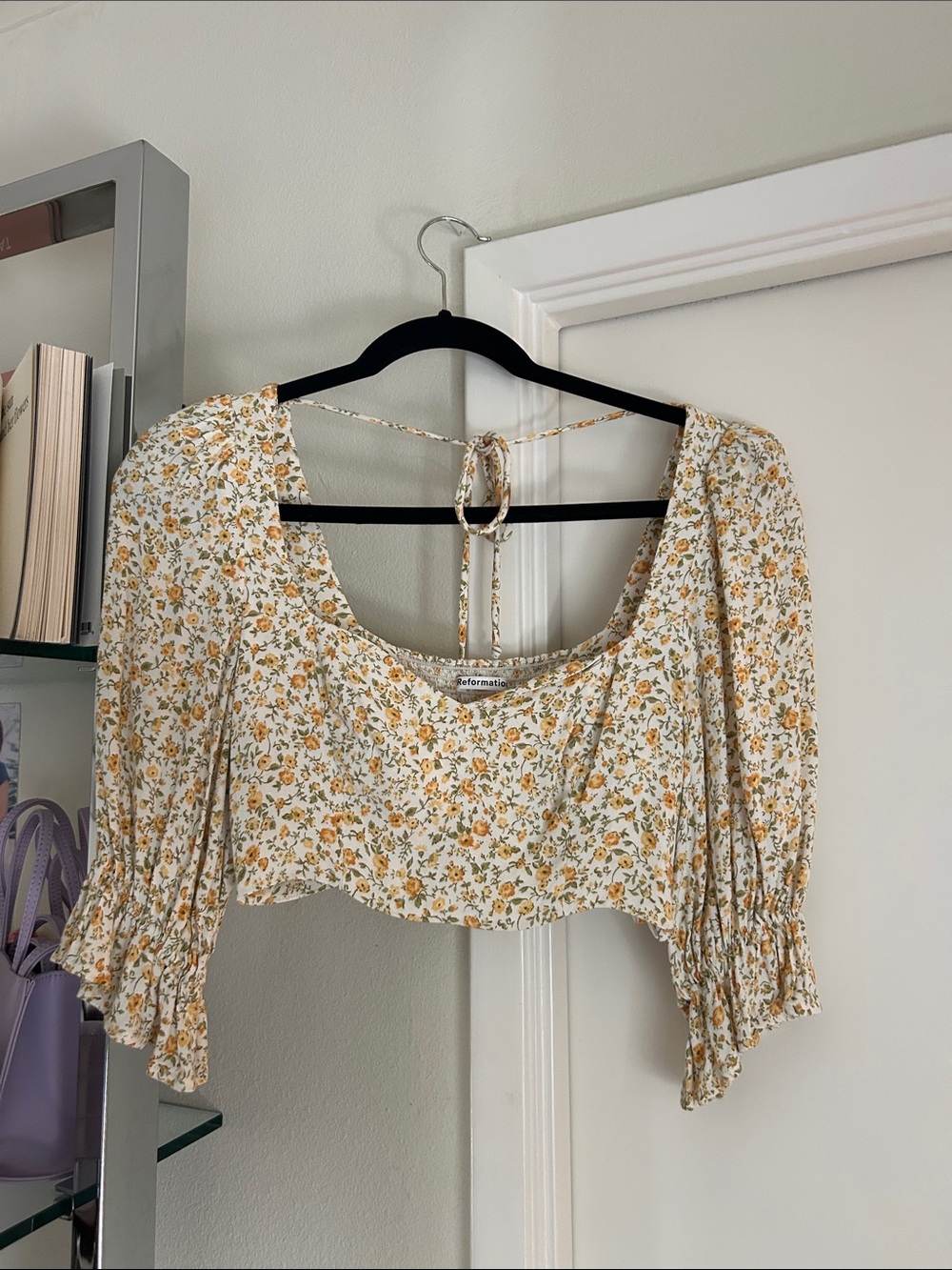 Reformation Cream Yellow Floral Sweetheart Neck Crop Top with Flowy Sleeves